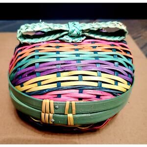 Egg shaped basket closing lid Pastel shades woven bow on Jewelry box Easter gift